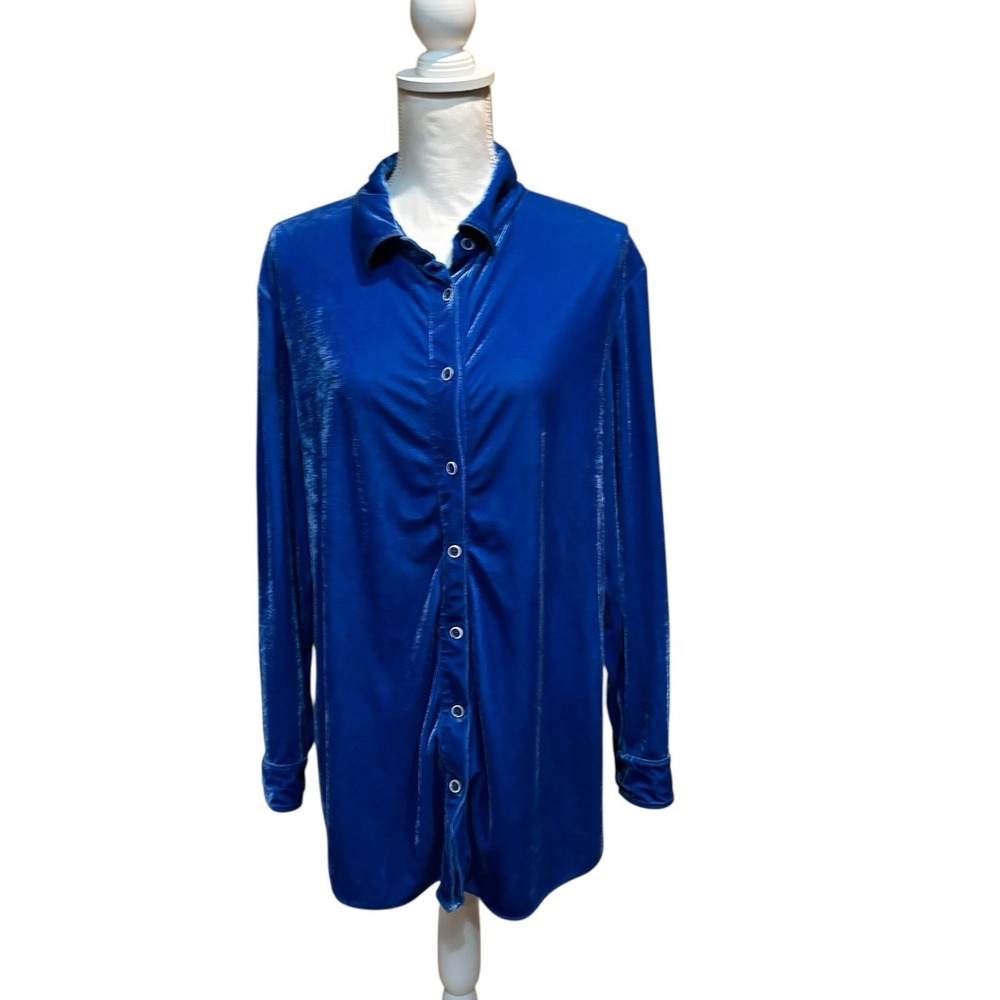 Soft Surroundings Blue Velvet Button Front Tunic Top PL Petite Large Long Sleeve